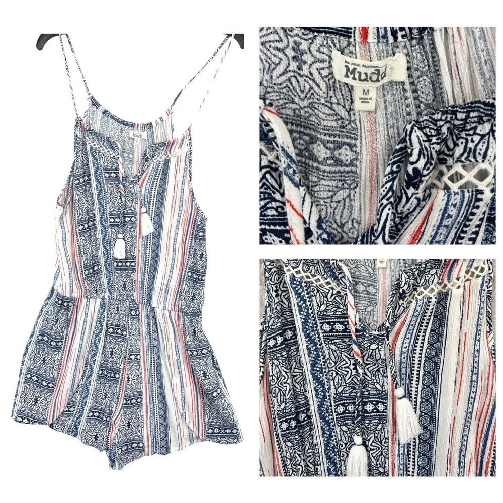 Mudd Paisley Tassel Halter Romper Womens M Blue Red White Boho Sleeveless Indie